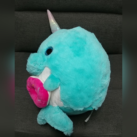 Narwhal holding a Donut 16" Plush Soft Green Pink - Picture 4 of 14